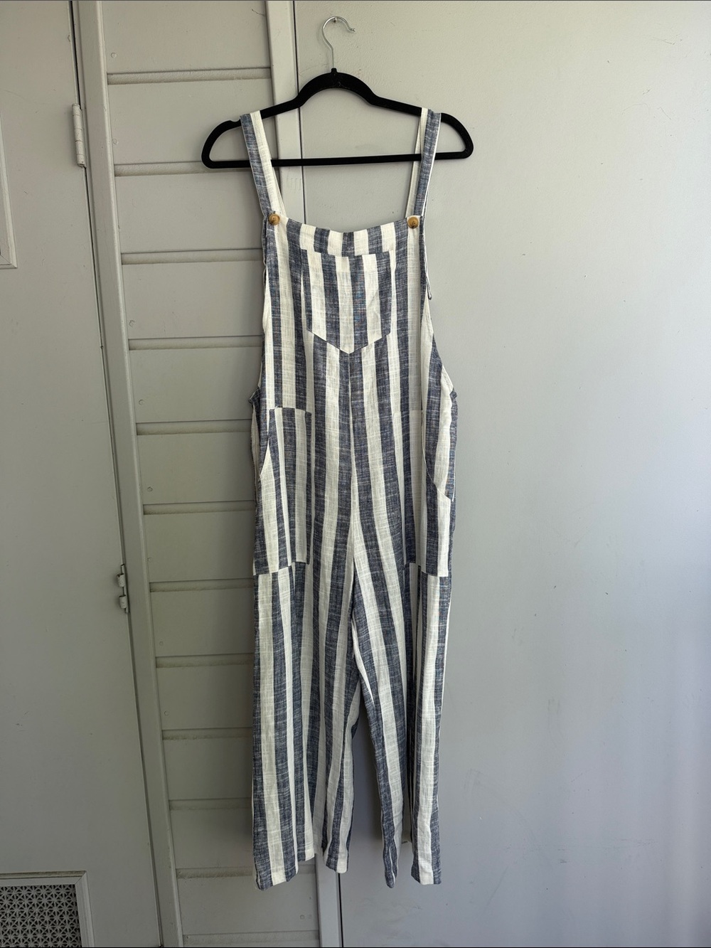 Striped Blue & White Linen-Blend Overalls Jumpsuit